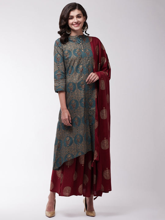 Bottle Green And Maroon Kurta Set