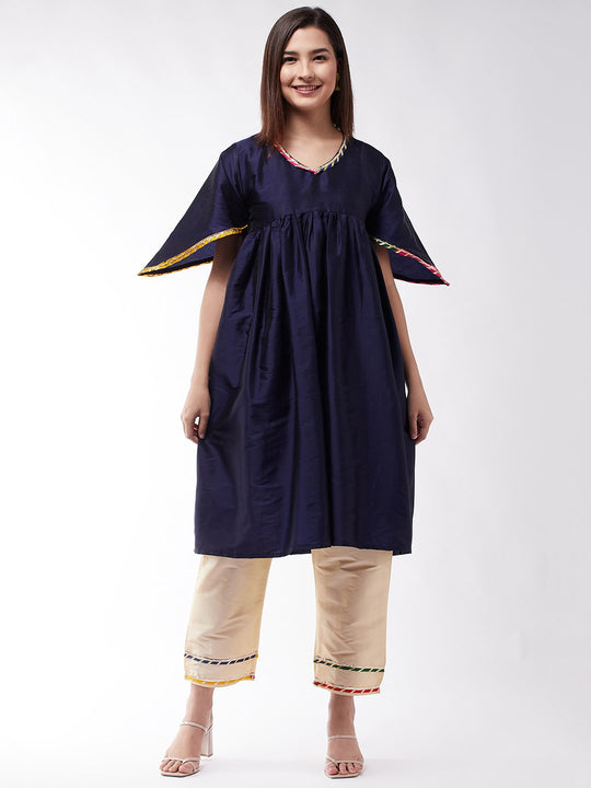 Navy Blue And Golden Cut Bell Sleeves Gota Kurta Set