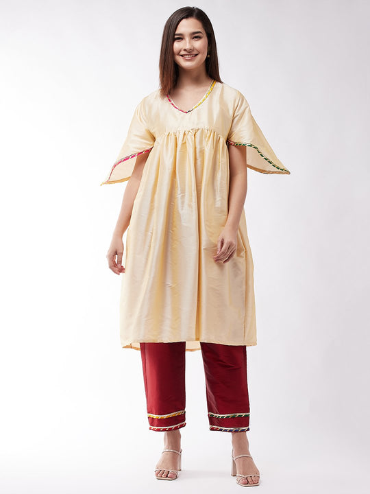 Beige And Maroon Cut Bell Sleeves Gota Kurta Set