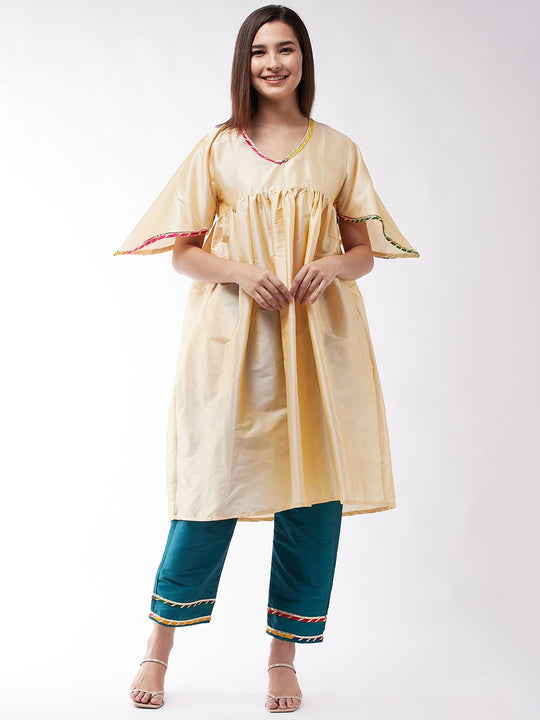 Beige And Teal Green Cut Bell Sleeve Gota Kurta Set
