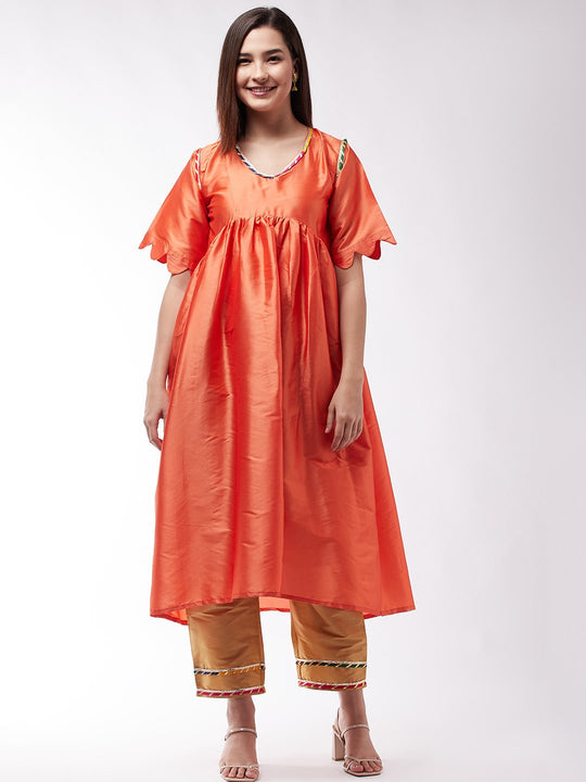 Orange And Golden Wavy Sleeves Gota Kurta Set