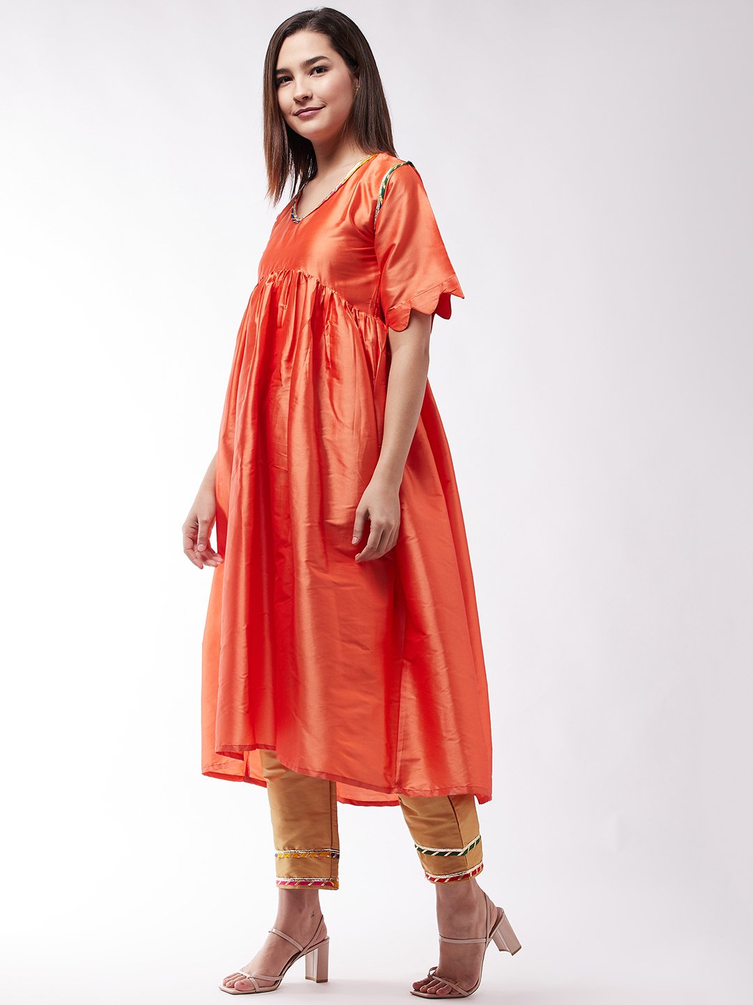 Orange And Golden Wavy Sleeves Gota Kurta Set