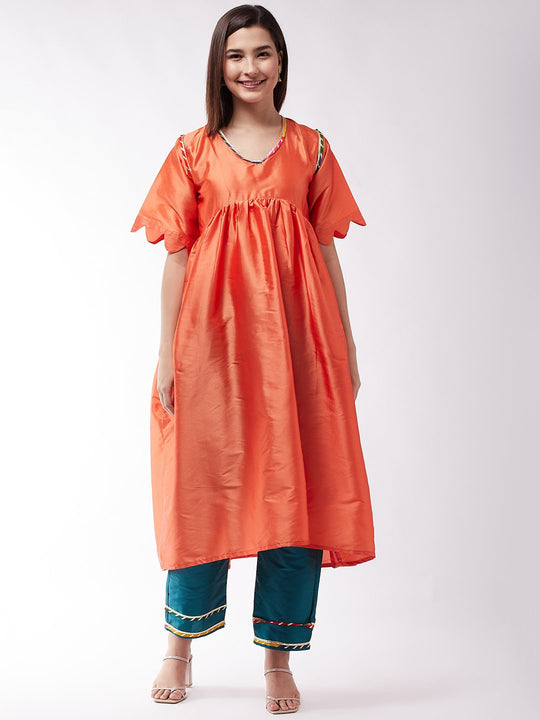 Orange And Teal Green Wavy Sleeves Gota Kurta Set