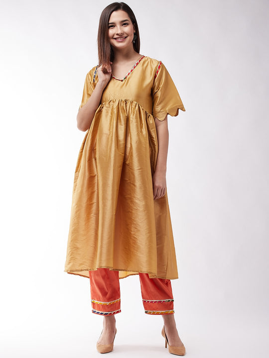 Golden And Orange Wavy Sleeves Gota Kurta Set