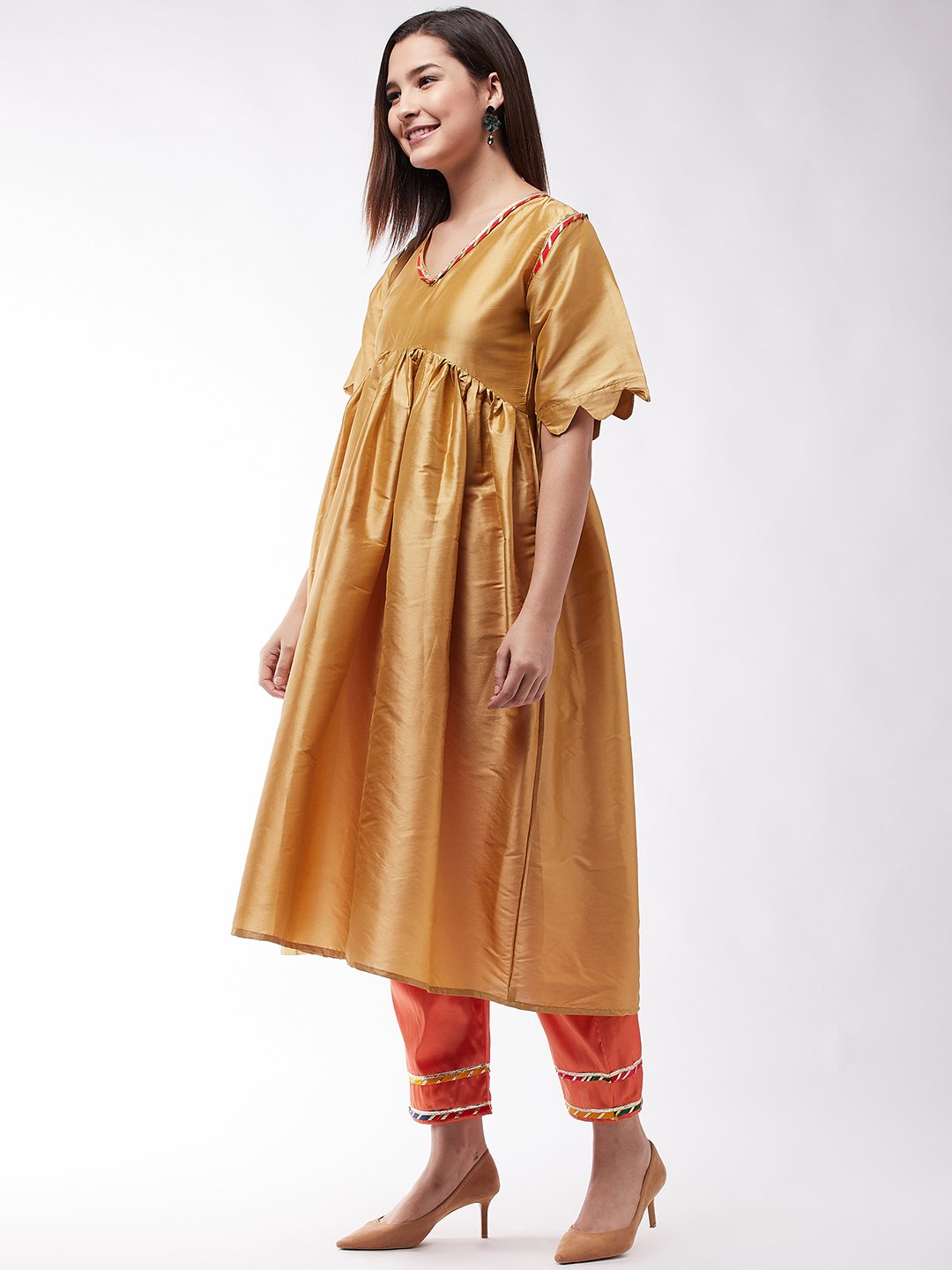 Golden And Orange Wavy Sleeves Gota Kurta Set