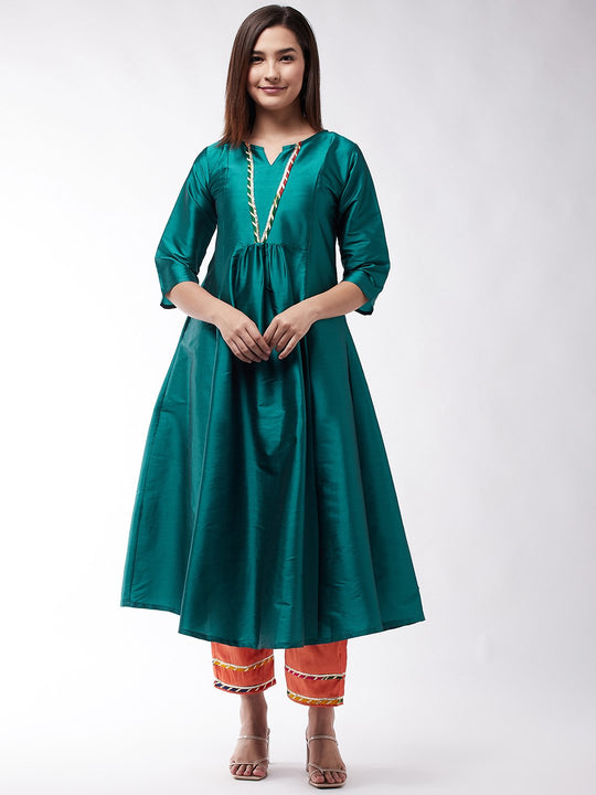 Teal Green And Orange Gota Work Kurta Set