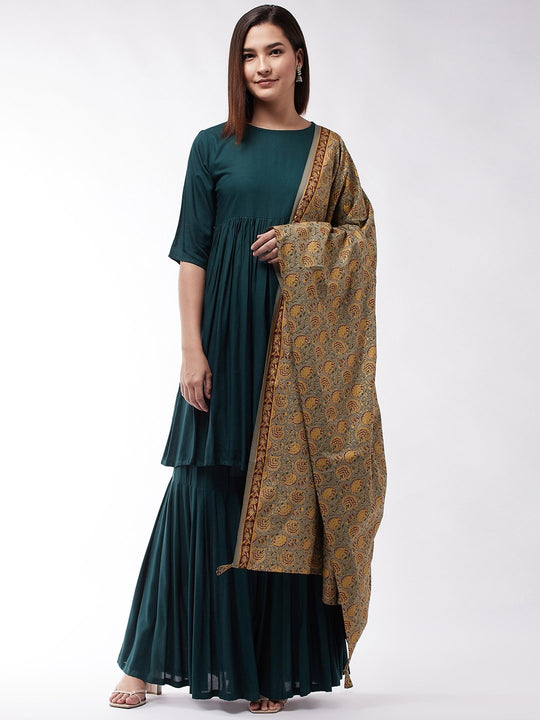 Dark Green Short Kurta Sharara Set With Grey Gold Print Dupatta