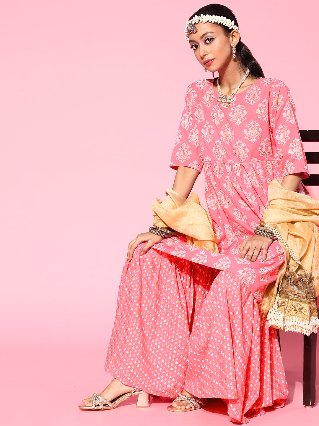 Pink Short Kurta Sharara Set With Solid Gold Dupatta