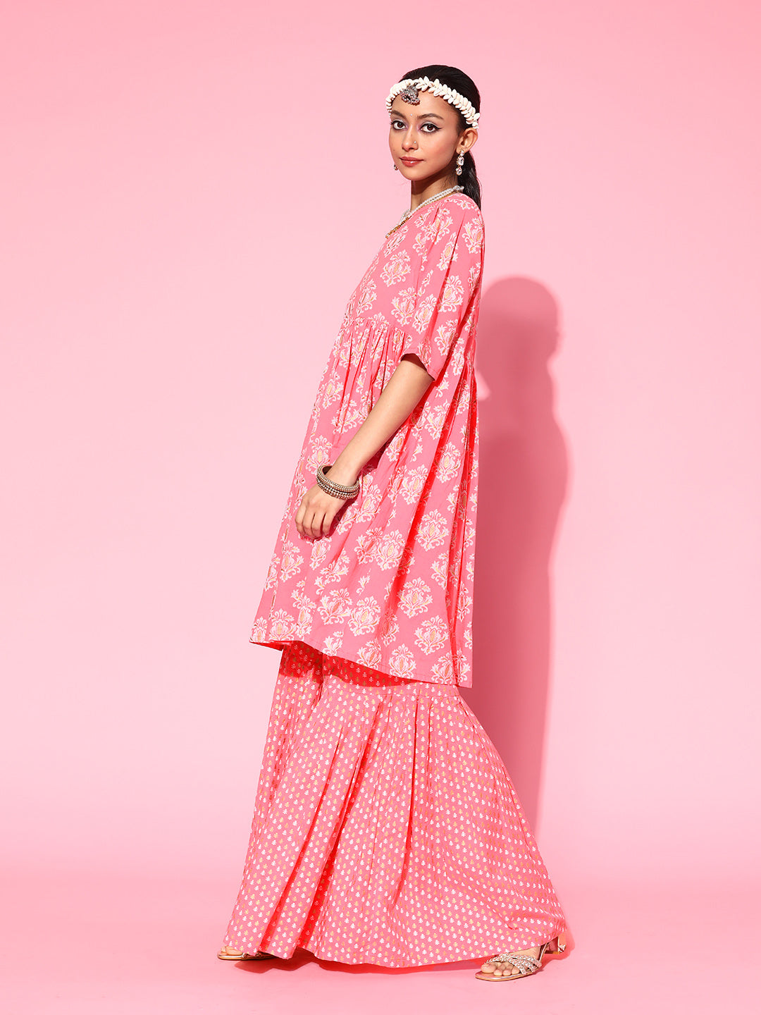 Pink Short Kurta Sharara Set With Solid Gold Dupatta