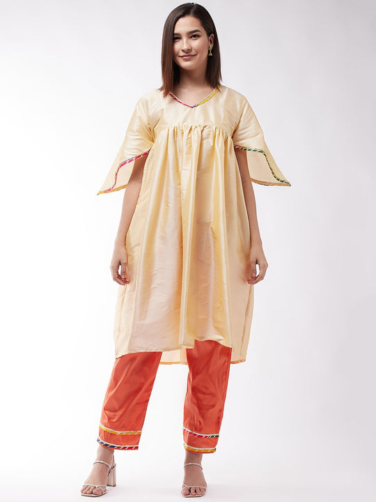 Beige And Orange Cut Bell Sleeve Gota Kurta Set