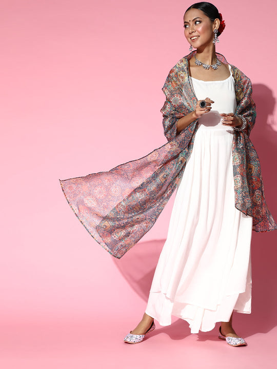 Strappy Set In Cream With Organza Dupatta