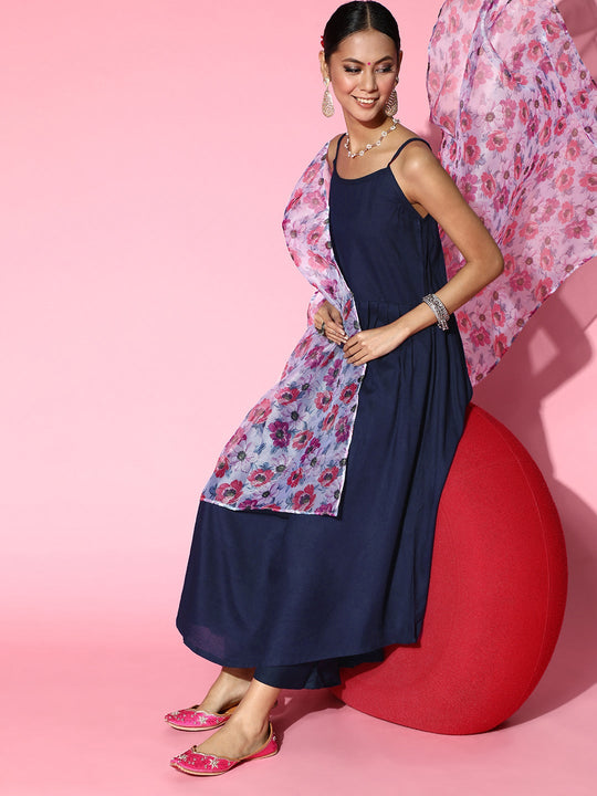 Strappy Set In Navy Blue With Organza Dupatta