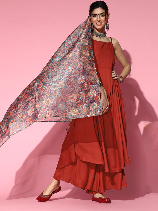 Strappy Set In Maroon With Organza Dupatta