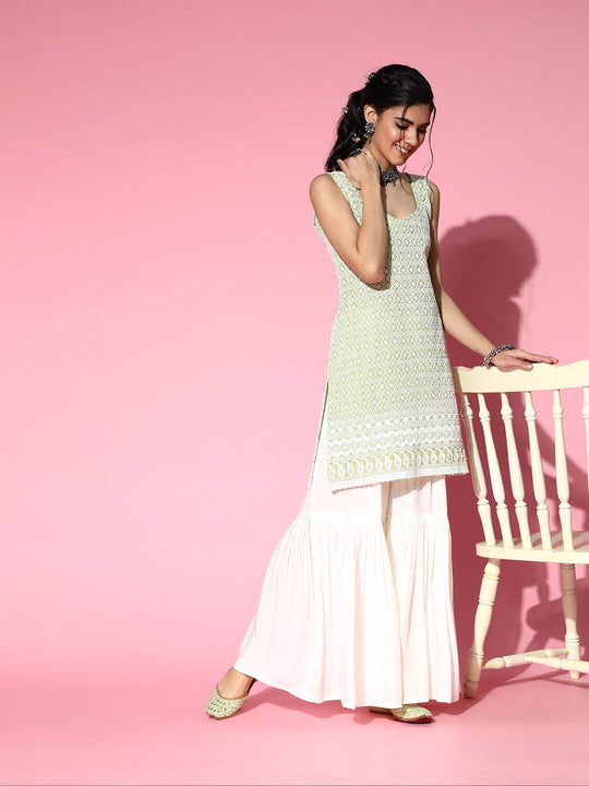 Green Sweetheart Neckline Kurta Cream Sharara Set
