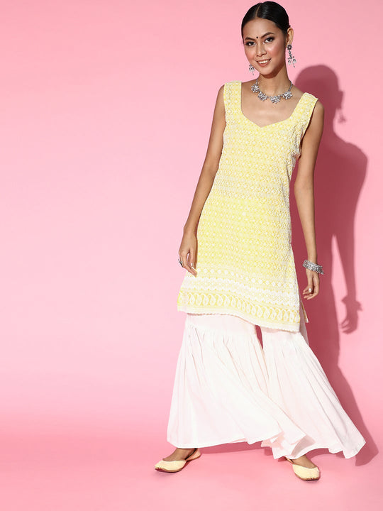 Yellow Sweetheart Neckline Kurta Cream Sharara Set