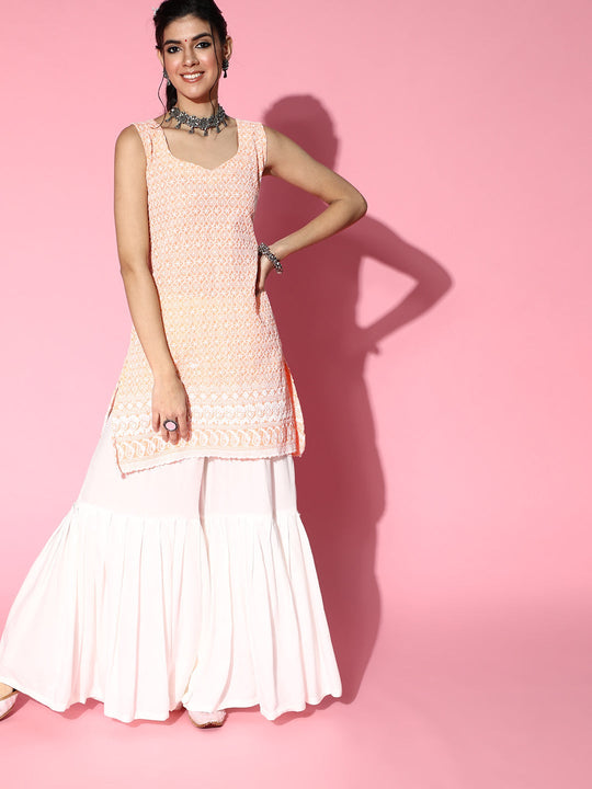 Peach Sweetheart Neckline Kurta Cream Sharara Set
