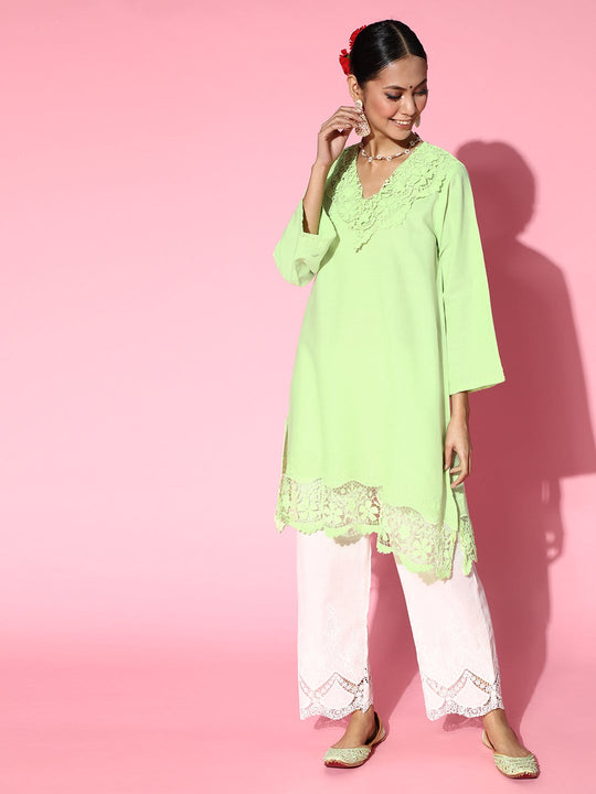 Green & Off White Applique Work Straight Kurta Set
