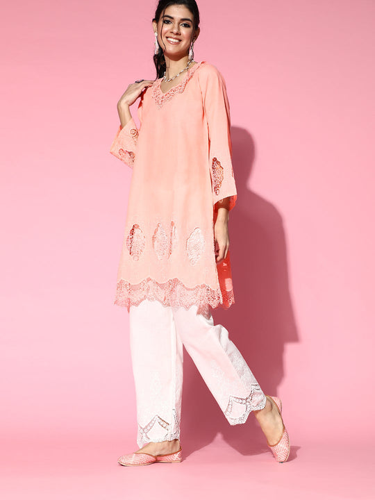 Peach & Off White Applique Work Straight Kurta Set