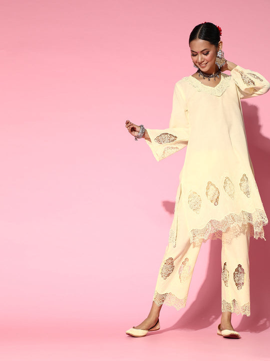 Yellow Applique Work Straight Kurta Set
