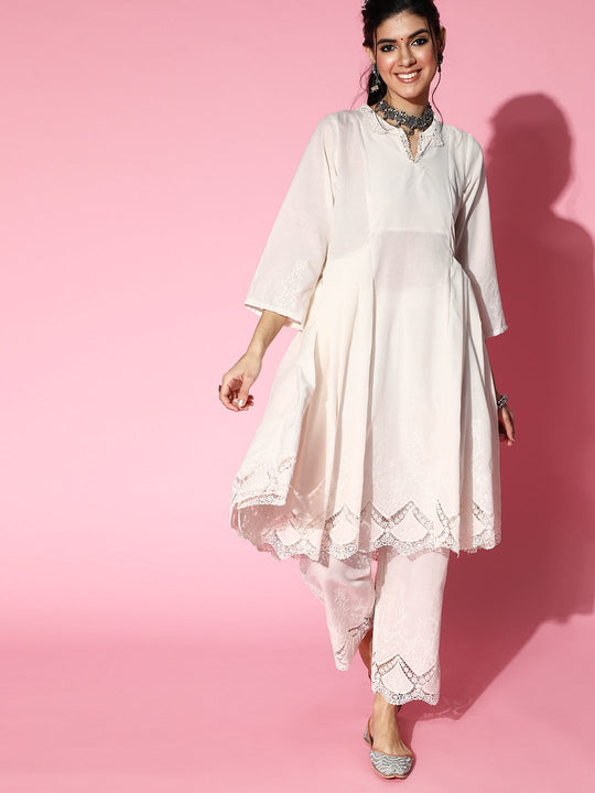 Off White Applique Work Anarkali Kurta Set