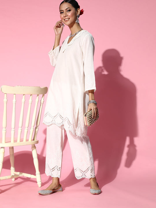Off White Applique Work Straight Kurta Set