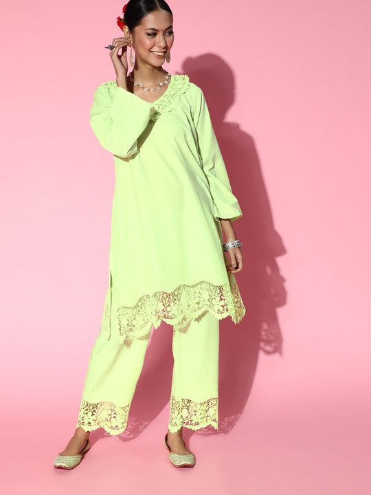 Light Green Applique Work Straight Kurta Set