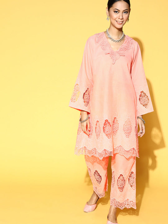 Peach Applique Work Straight Kurta Set