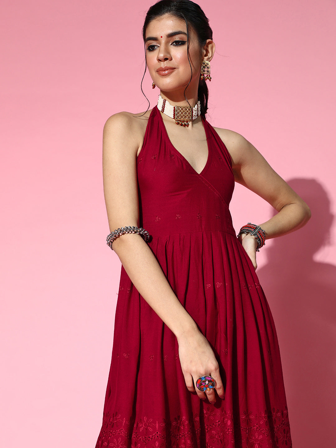 Maroon Backless Kurta With Green Sharara Set