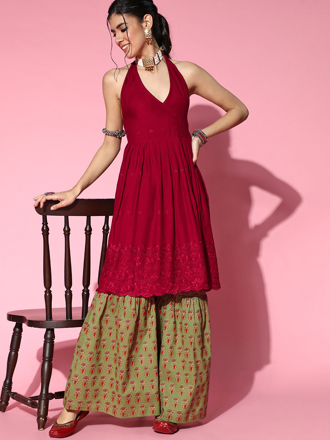 Maroon Backless Kurta With Green Sharara Set