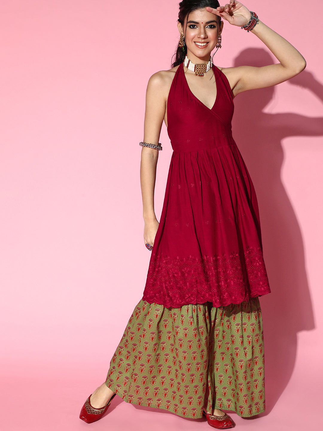Maroon Backless Kurta With Green Sharara Set