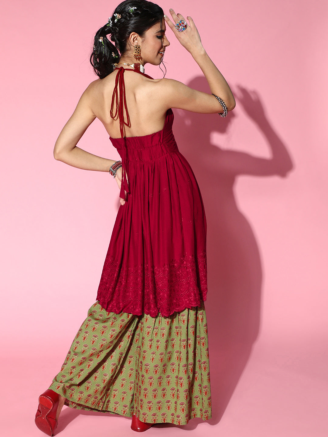 Maroon Backless Kurta With Green Sharara Set