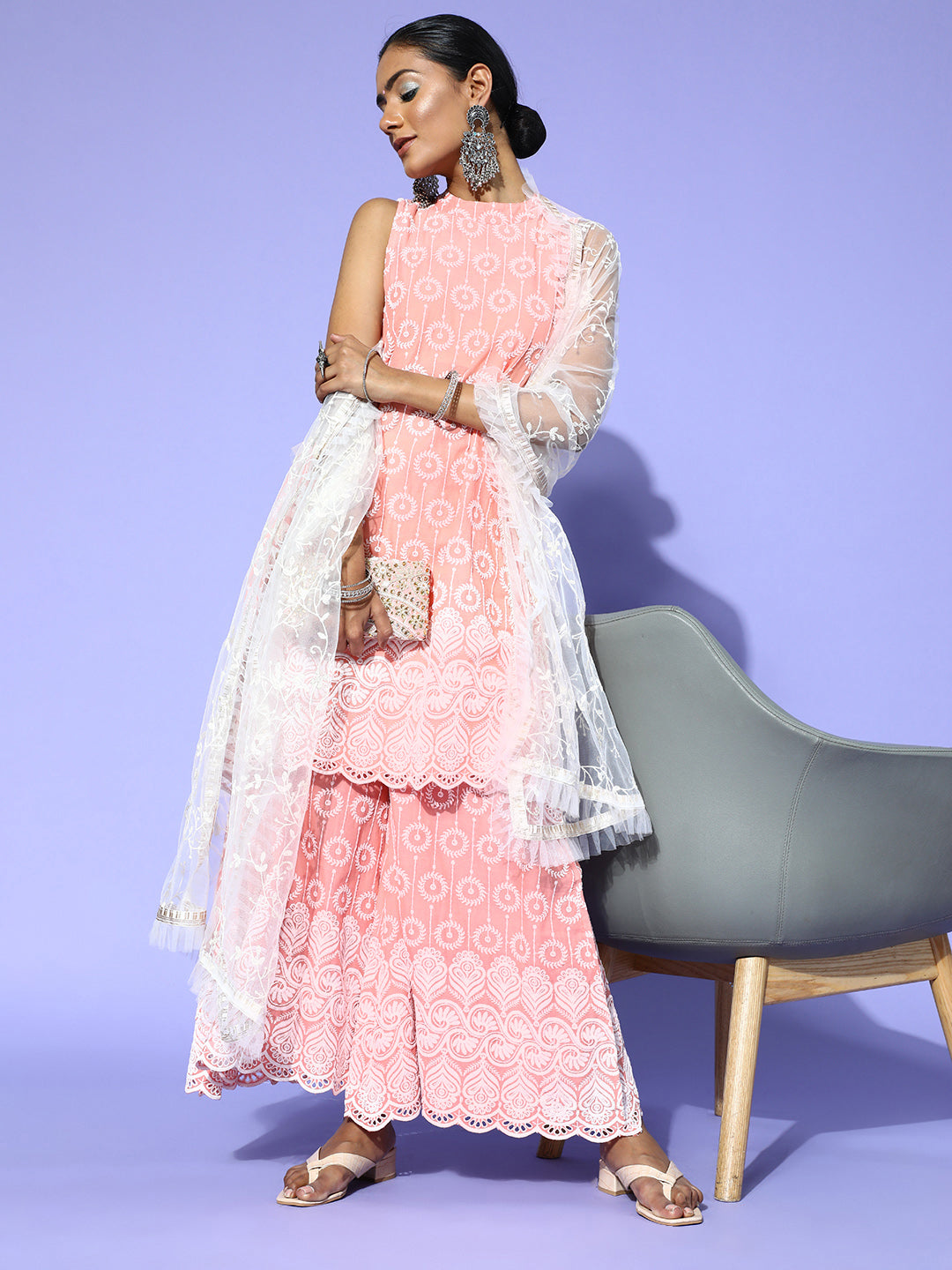 Peach Round Chikan Work Halter Kurta Set