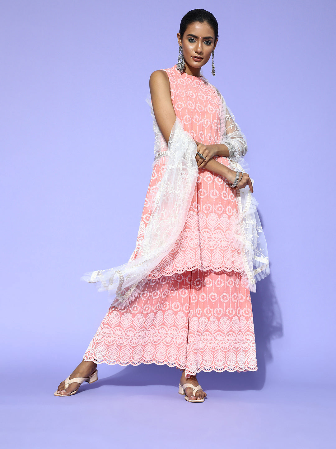 Peach Round Chikan Work Halter Kurta Set