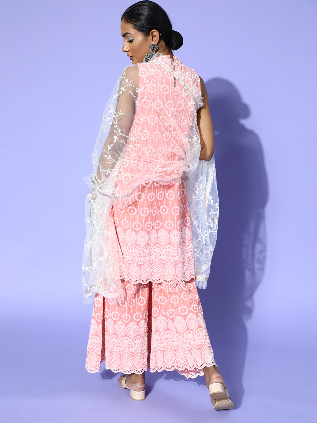 Peach Round Chikan Work Halter Kurta Set