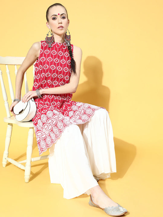 Pinkish Red Embroidered Halter Kurta Set