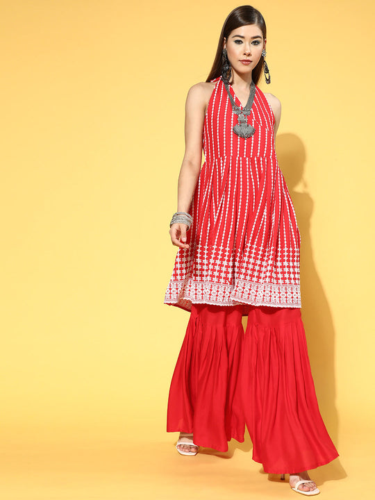 Red Embroidered Backless Kurta Set