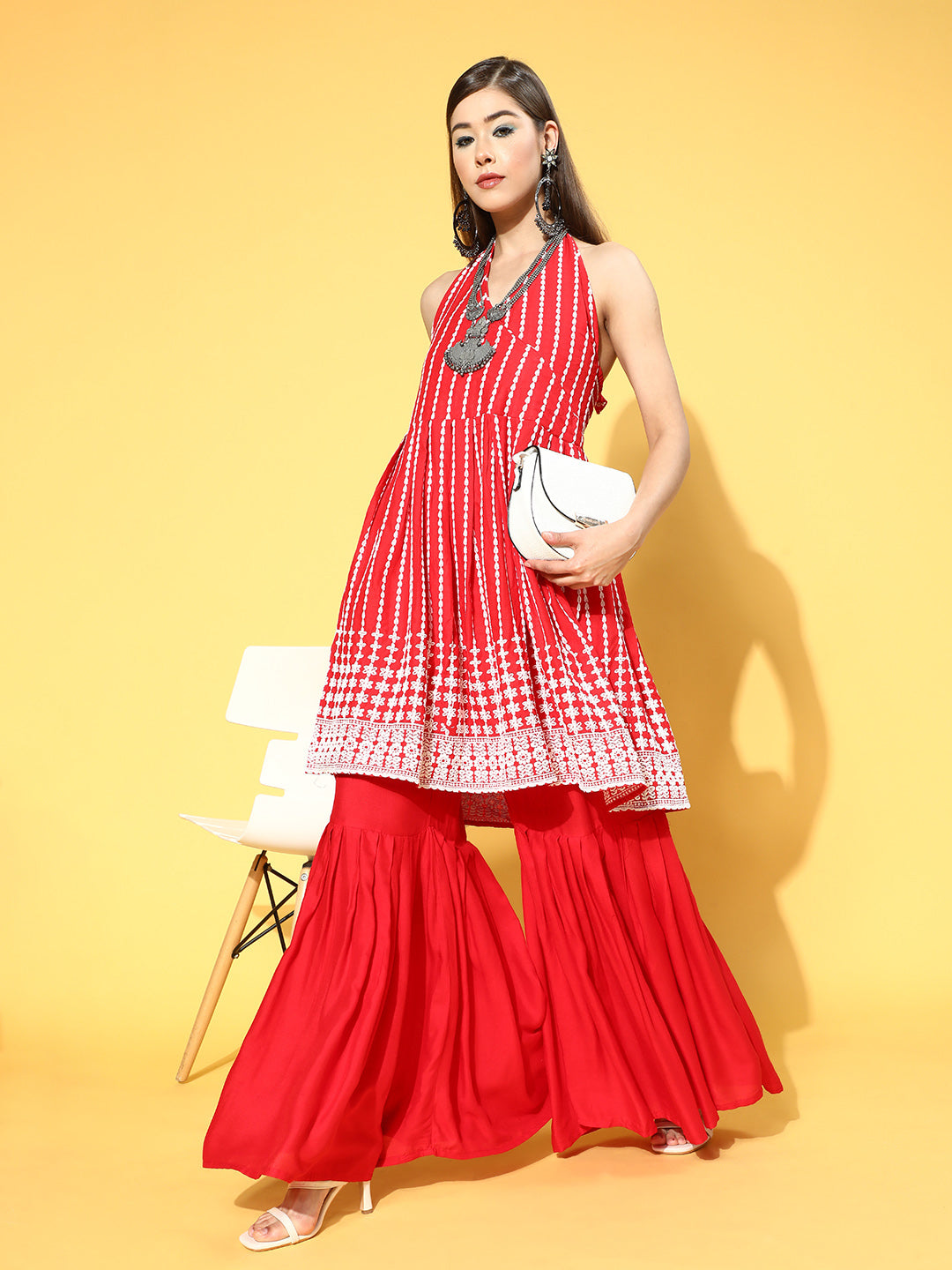 Red Embroidered Backless Kurta Set
