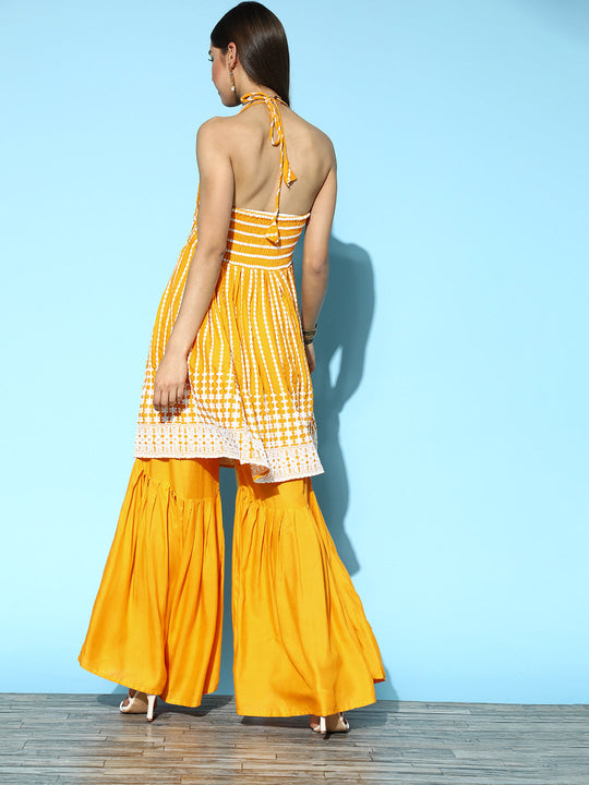 Mustard Embroidered Backless Kurta Set