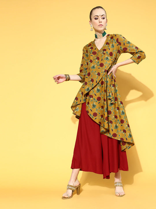 Mustard Kalamkari Asymmetric Palazzo Top Set