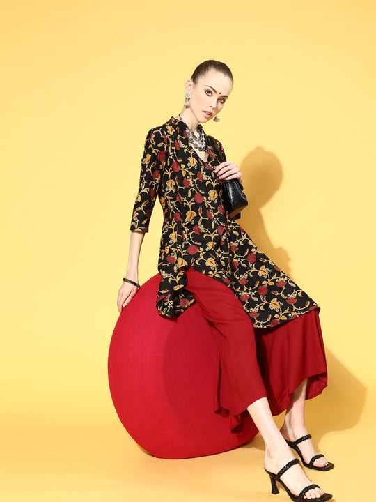 Black Kalamkari Asymmetric Palazzo Top Set