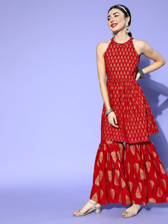 Red Gold Sleeveless Kurta Sharara Set