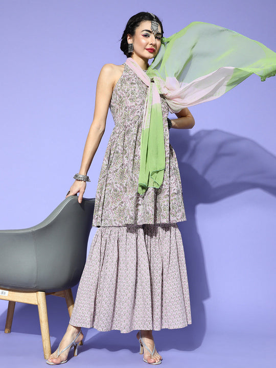 Grey Printed Sharara Set With Dupatta