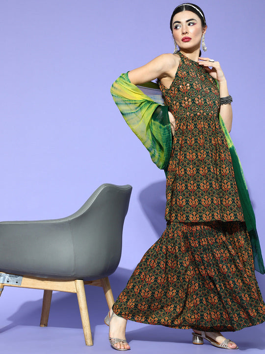 Green Ajrakh Sharara Set