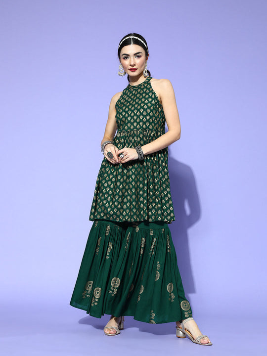 Green Gold Work Sharara Set