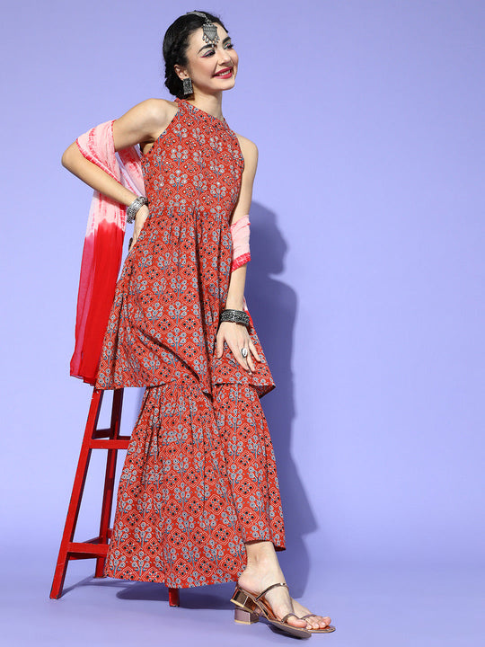 Red Ajrakh Work Sharara Set