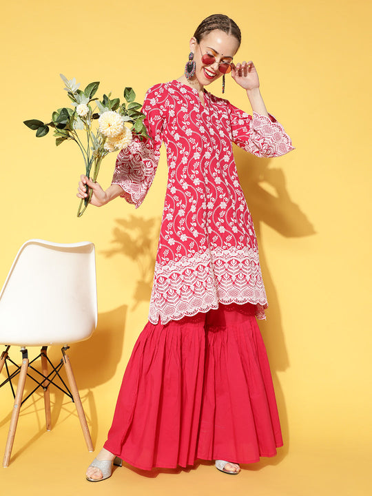 Red Vines Embroidered Sharara Set