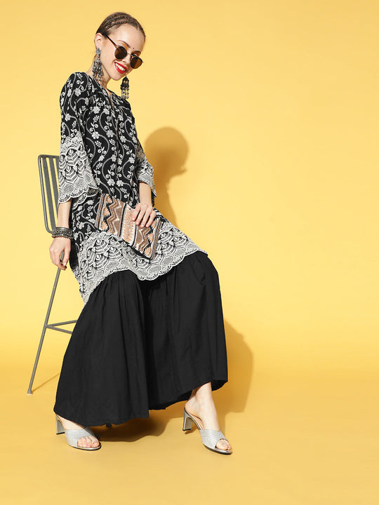 Black Vines Embroidered Sharara Set