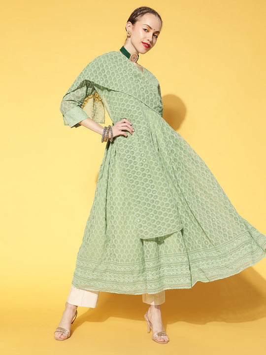 Light Green Georgette Kurta With Stole