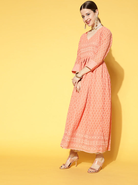 Peach Georgette Kurta With Stole