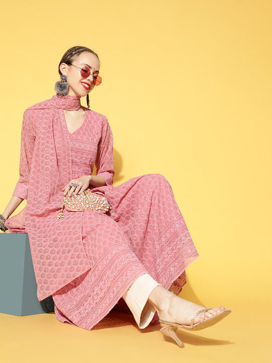 Rose Pink Georgette Kurta With Stole